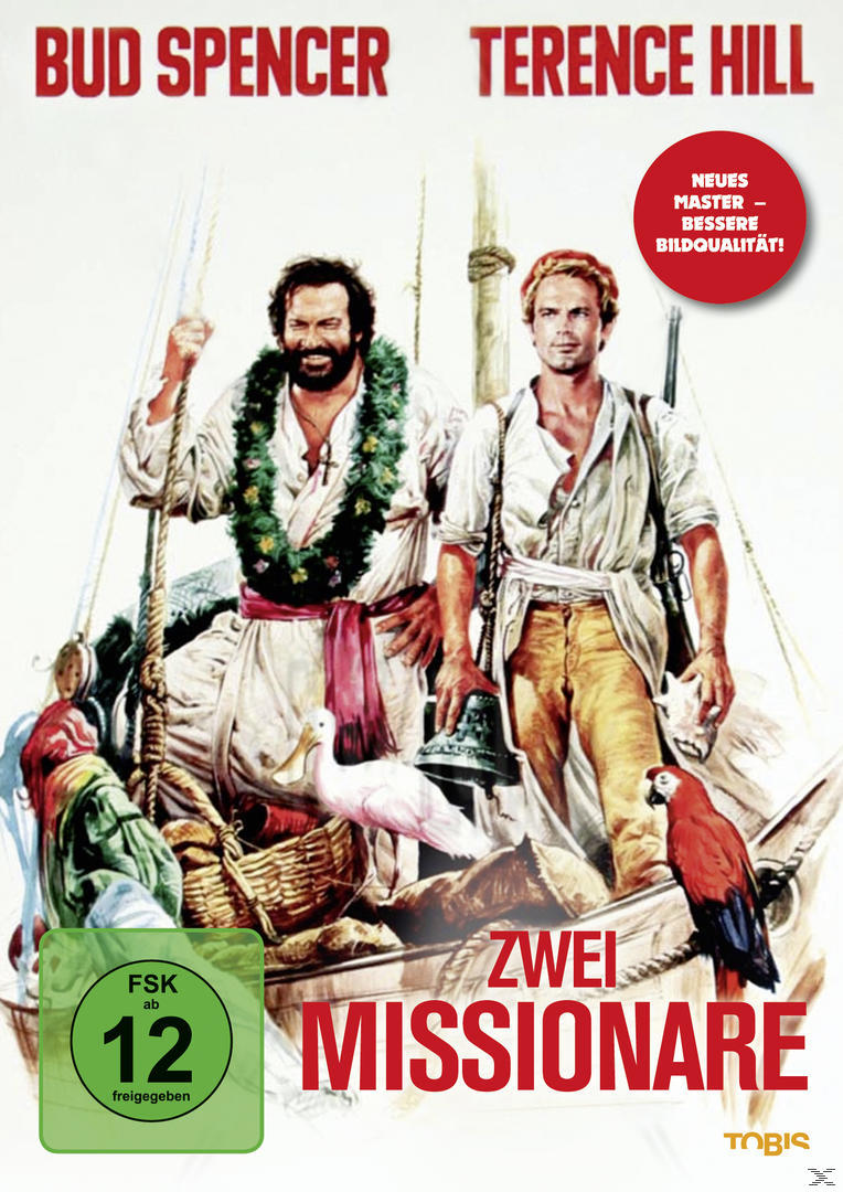 DVD-Cover für Zwei Missionare. Bud Spencer und Terence Hill stehen auf einem Boot. Ein Papagei und eine Taube.