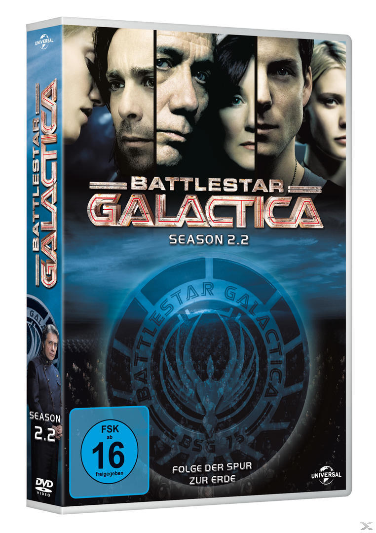 Battlestar Galactica DVD-Cover mit Gesichtern und blauem Logo.