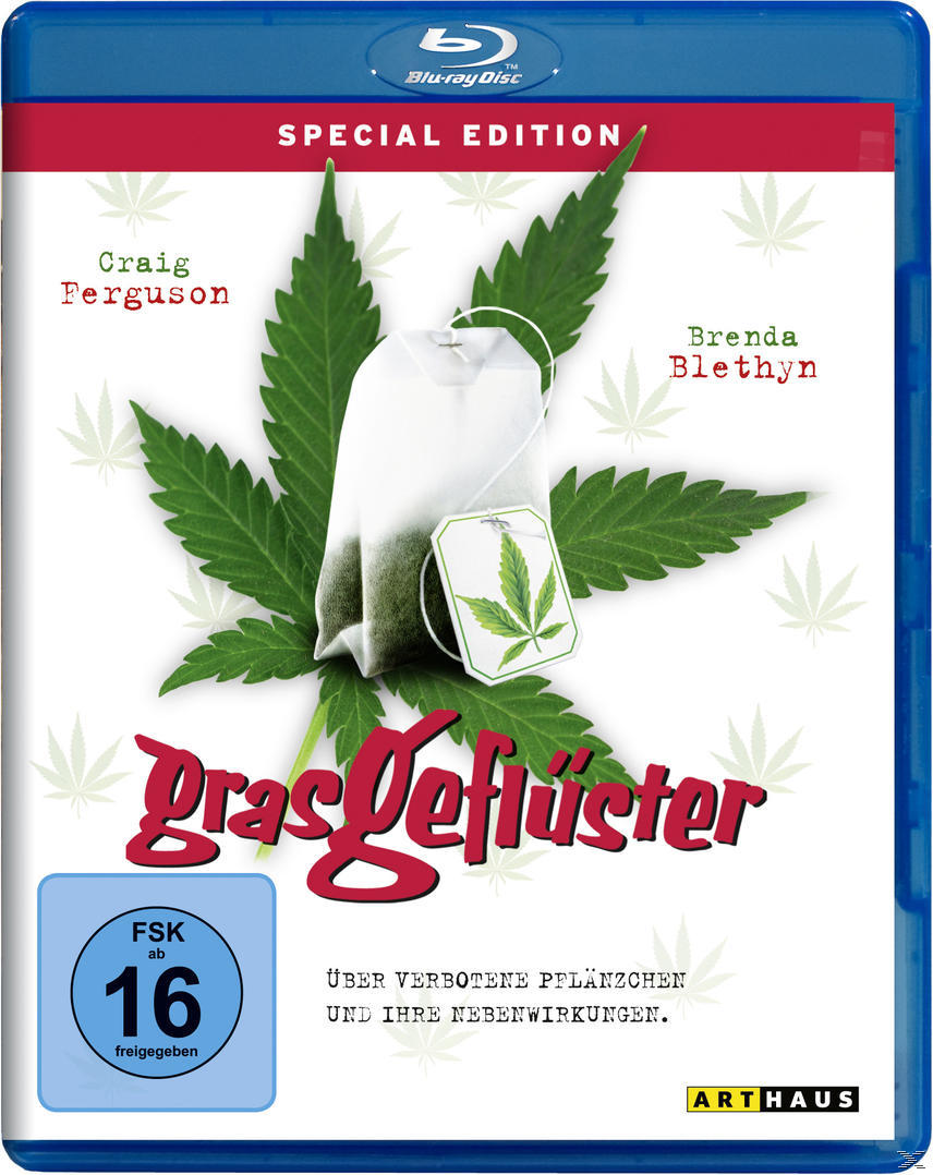 DVD-Cover von 'Grasgeflüster' mit einem Marihuana-Blatt-Bild und Text über verbotene Pflanzen.