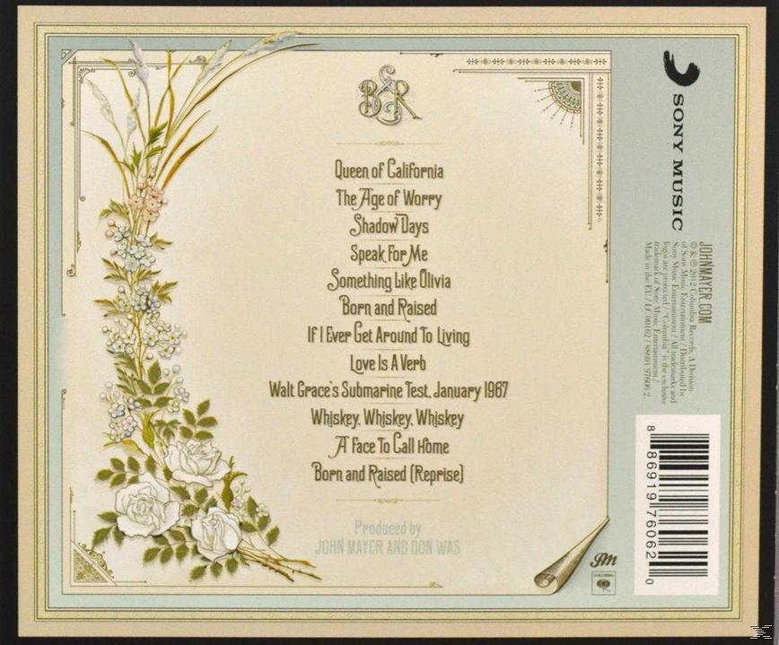 Rückseite des John Mayer Albumcovers. Titelliste und Blumendekorationen auf beigem und weißem Hintergrund.