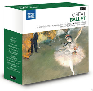 Great Ballet 10 CD-Box-Set mit einer Ballett-Tänzer-Illustration auf weißem Grund.