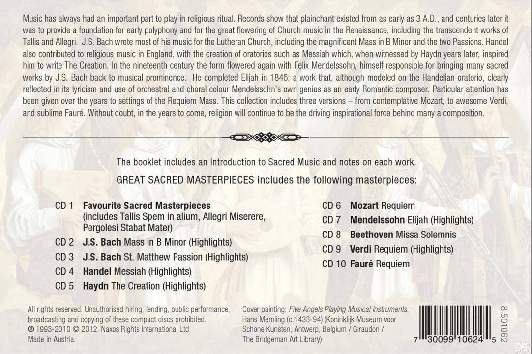 Rückseite eines CD-Cases mit Text über geistliche Musik und einer Titelliste. Ein Gemälde verziert das Cover.