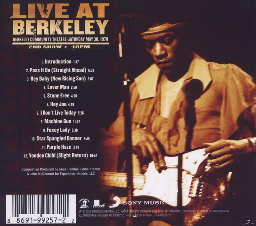 Albumcover zeigt Jimi Hendrix beim Gitarrespielen, den Text: Live at Berkeley, und eine Trackliste.
