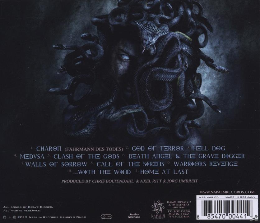 CD-Rückseite mit Medusa-Artwork, Titelliste und Bandlogo.