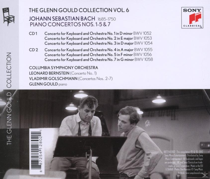Albumrückseite: Glenn Gould am Klavier. Text listet Bach-Klavierkonzerte auf. Sony Classical-Logo vorhanden.