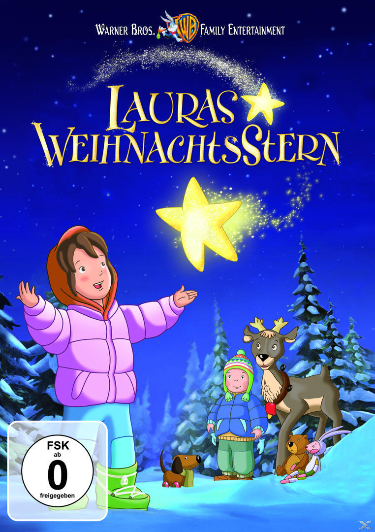 DVD-Cover 'Lauras Weihnachtsstern', Zeichentrick-Szene mit Mädchen, Junge und Rentier.