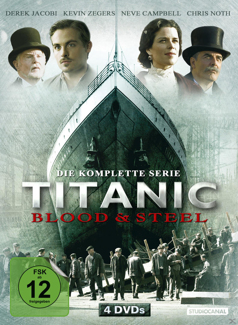 DVD-Cover von Titanic: Blood & Steel, mit Schauspielern und einem Schiffsbogen. 'Die komplette Serie' ist geschrieben.