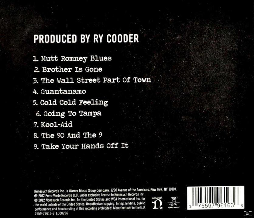 Album-Rückseite mit Titelliste und Text über das von Ry Cooder produzierte Album. Enthält einen Barcode.