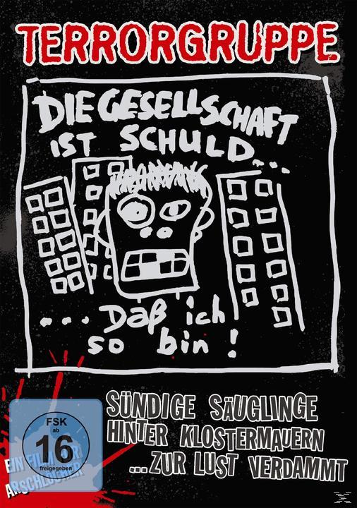 Schwarz-weiße cartoonartige Zeichnung eines Kopfes mit Text: Terrorgruppe. Die Gesellschaft ist schuld.