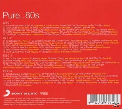 Album-Rückseite. Titelliste für Pure...80s, verschiedene Künstler. Text und Logo.
