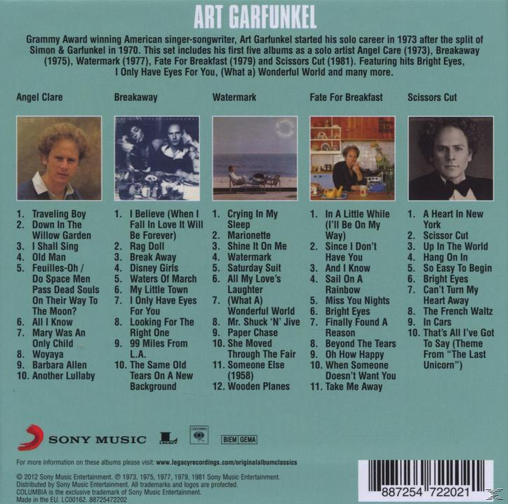 Albumcover: Album-Trackliste: Art Garfunkel. Enthält Songtitel und Albumtitel. Sony Music Logo.