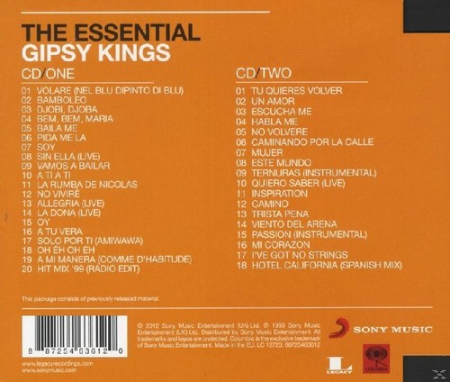 CD-Cover: 'The Essential Gipsy Kings'. Listet Songs in zwei Spalten. Oranger Hintergrund.
