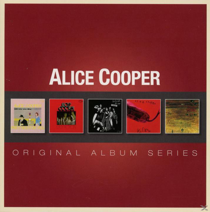 Albumcover für Alice Cooper mit mehreren kleineren Albumcovern, die auf rotem Hintergrund angeordnet sind.