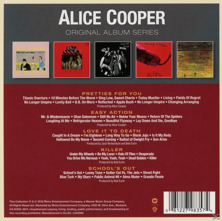 Albumcover für Alice Coopers 'Alice Cooper: Original Album Series.'  Es werden mehrere Albumcover gezeigt.