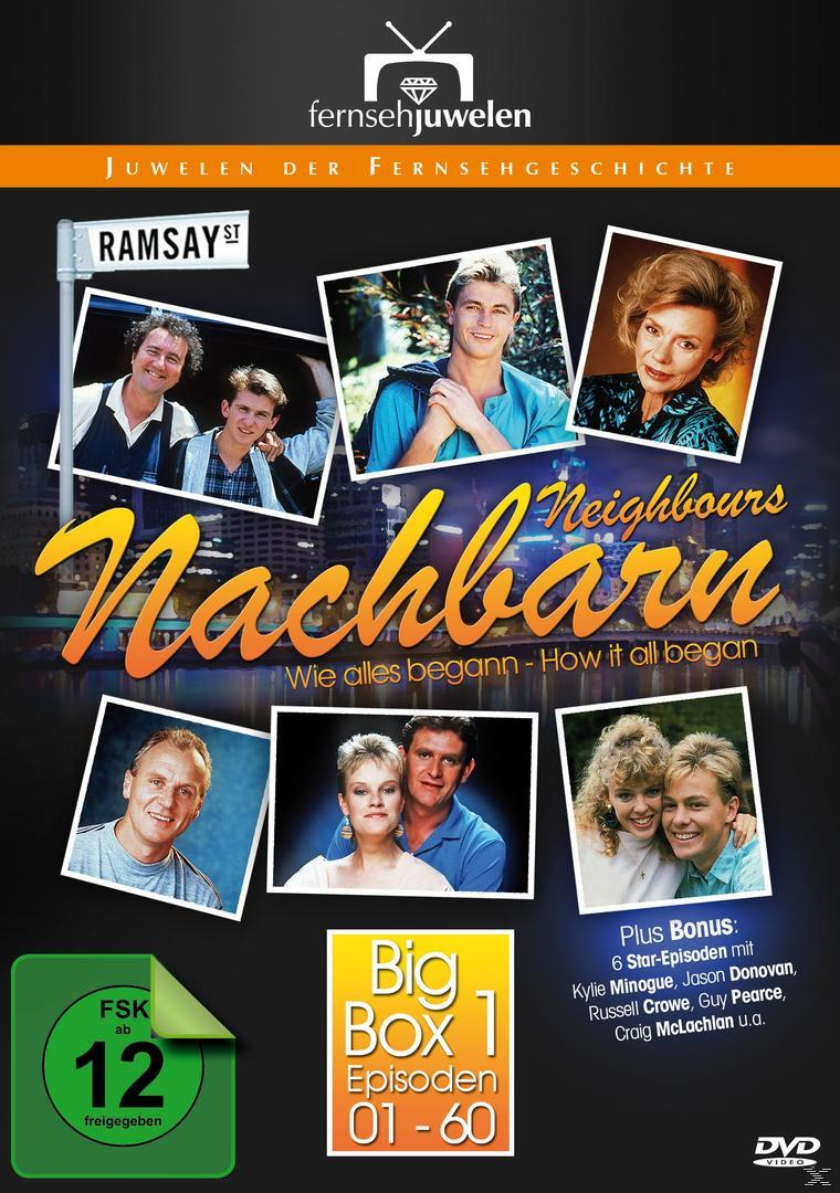DVD-Cover für 'Neighbours'. Mehrere Cast-Fotos, mit dem Titel in großen orangen Buchstaben.