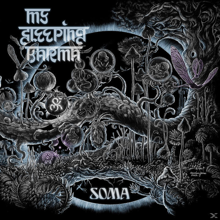 Albumcover: Schwarz-Weiß-Illustration einer Fantasieszene mit Bäumen und Figuren, Text.