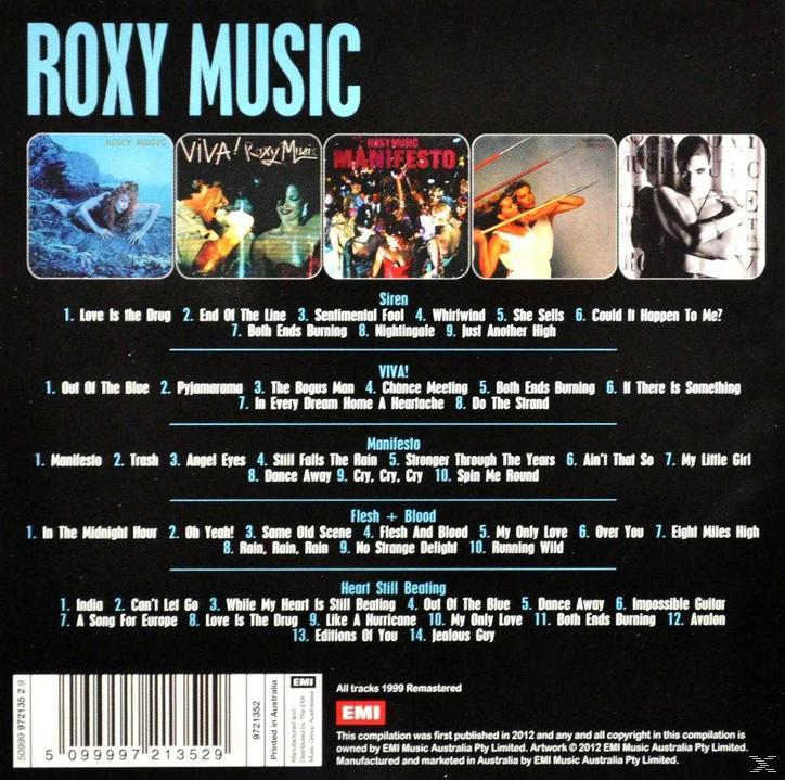 Roxy Music Albumcover. Mehrere Albumcover mit Titellisten, Text und einem Barcode unten.