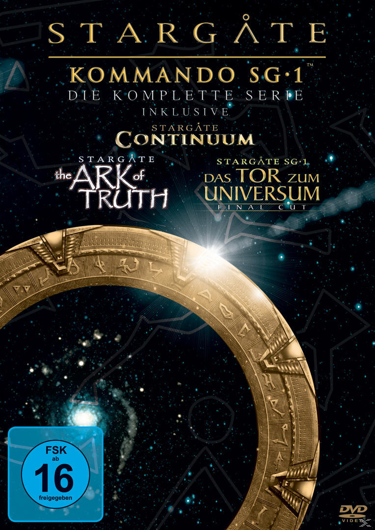 DVD-Box-Set: Stargate SG-1-Serie, Continuum, The Ark of Truth, Das Tor zum Universum, mit blauem FSK-16-Aufkleber.