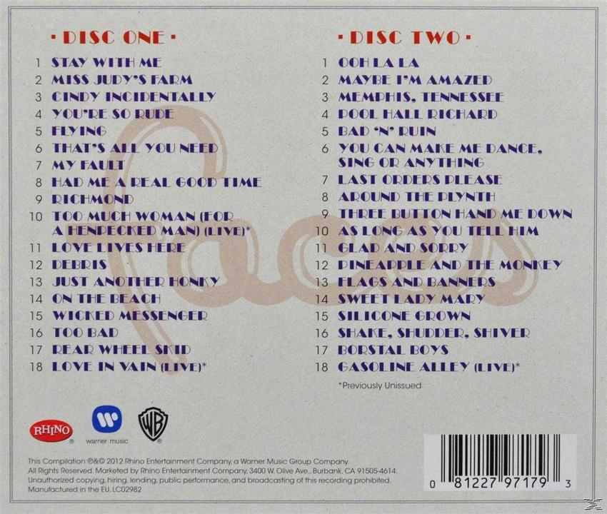 Rückseite einer CD mit einer Auflistung der Songtitel. Enthält die Logos von Rhino und Warner Music.