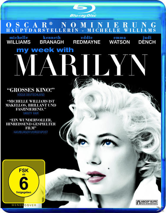 Filmcover 'My Week with Marilyn'. Gesicht von Marilyn Monroe. Blauer Hintergrund mit Text.