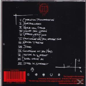 CD-Rückseite mit schwarzem Hintergrund und weißem Text. Titelliste und Logo.