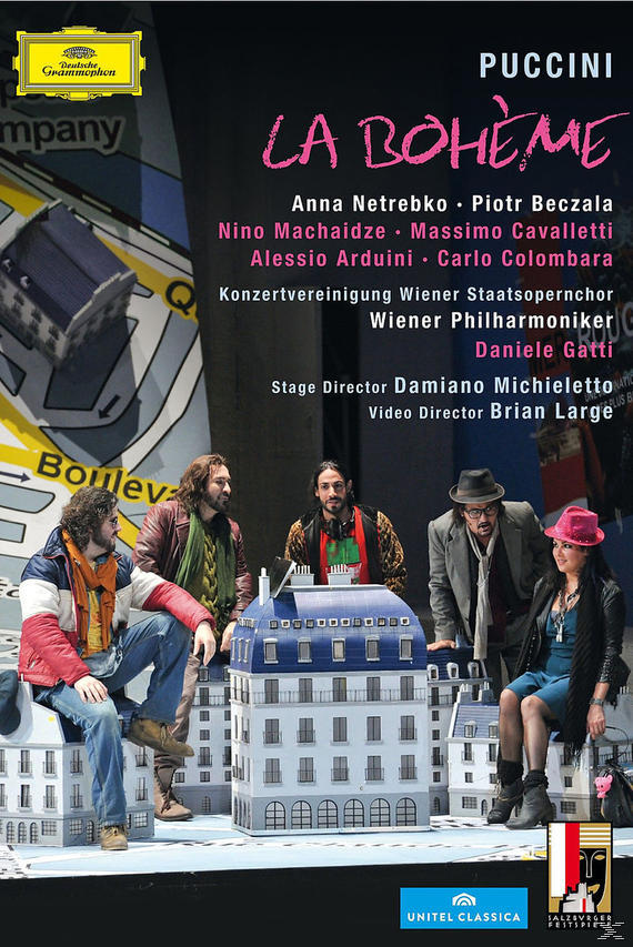 DVD-Cover der Oper La Bohème. Schauspieler auf der Bühne, mit dem Titel der Oper und den Namen der Besetzung.