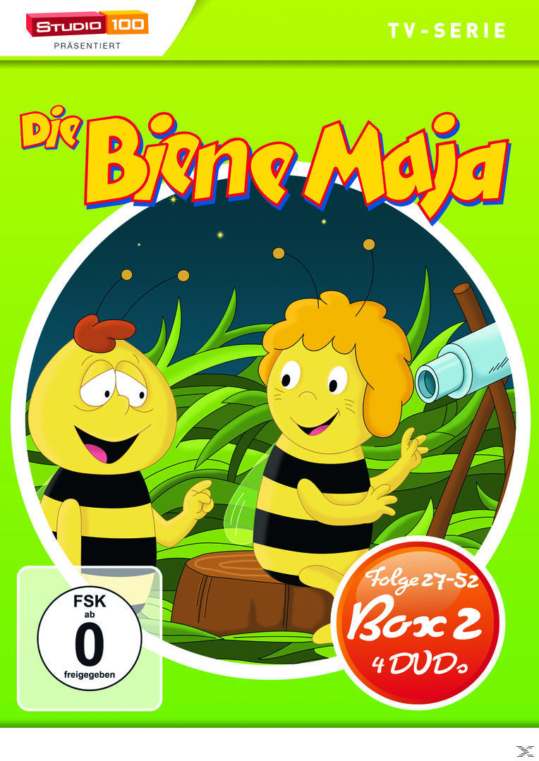 DVD-Cover mit Zeichentrickbienen, eine mit Teleskop, und Text auf Deutsch.