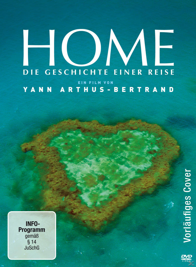 DVD-Cover von HOME, Film über eine Reise. Herzförmige Insel im Meer. Blaues und grünes Farbschema.