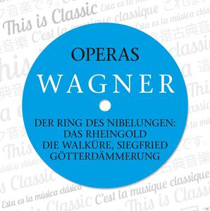 CD-Cover mit blauem Kreis und Text in mehreren Sprachen über Wagner-Opern.