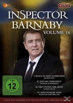 DVD-Cover mit einem älteren Mann, dem Titel "Inspector Barnaby Volume 16" und Episodentiteln.