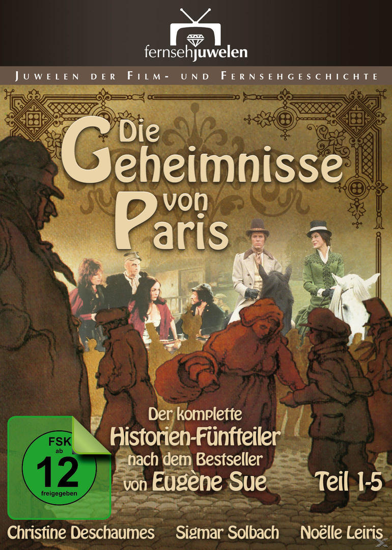 DVD-Cover von 'Die Geheimnisse von Paris'. Menschen in historischen Kostümen, grünes FSK-Logo.