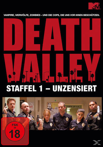 DVD-Cover. Gruppe von Leuten in Uniformen. Text: Death Valley, Staffel 1 - Unzensiert. FSK 18.