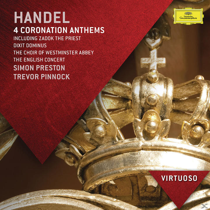 Albumcover mit goldener Krone und rotem Hintergrund. Der Titel 'Handel' und '4 Coronation Anthems' sind sichtbar.