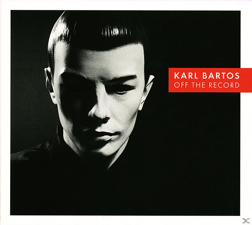 Karl Bartos, Off the Record. Mann in Schwarz mit dunklem Haar, roter Text rechts.