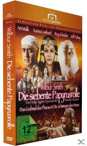 DVD-Cover für 'Wilbur Smith - Die siebente Papyrusrolle'. Enthält Schauspieler, Titel und eine Grabszene.