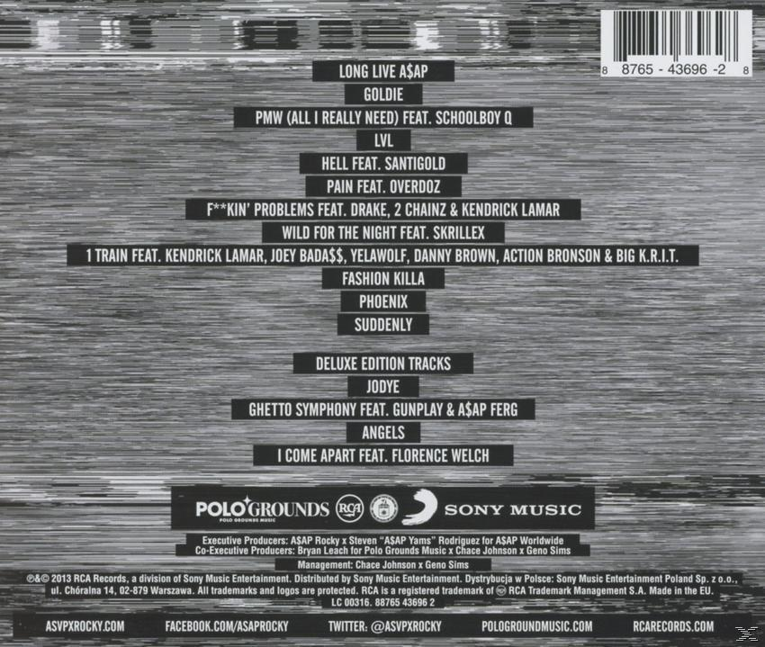 Albumcover mit einer Liste von Songs und Credits. Der Titel lautet 'ASAP Rocky'.
