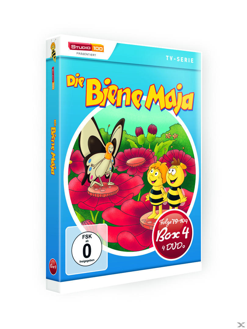 DVD-Box-Set von 'Die Biene Maja' mit Zeichentrickbienen, einem Schmetterling und Blumen.
