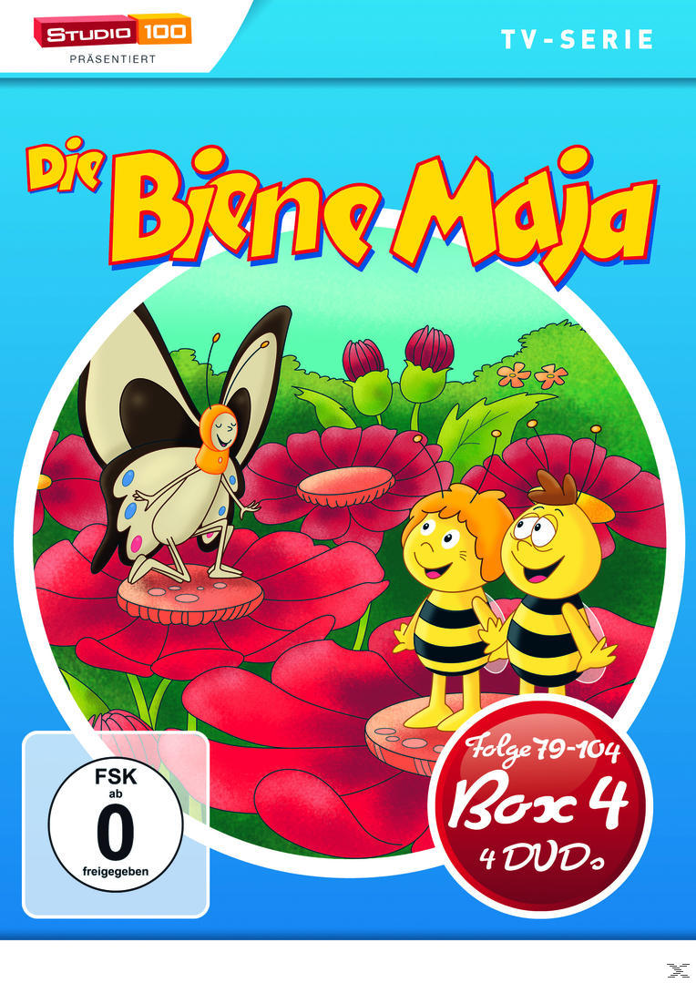 Maya die Biene DVD-Boxset-Cover. Zwei Zeichentrickbienen mit einem Schmetterling auf einer Blume.