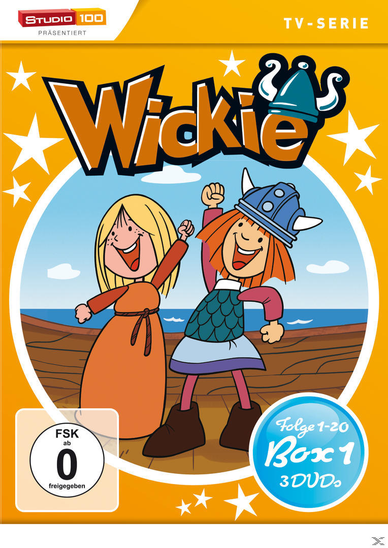 DVD-Cover. Wickie. Zwei Zeichentrickkinder. Oranger Hintergrund mit Sternen. Studio 100 Logo.