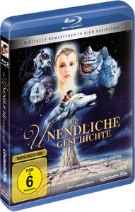 DVD-Cover von 'Die unendliche Geschichte'. Eine Frau und ein Junge auf einem Drachen. Blaue Hülle.
