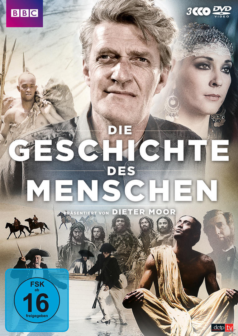 Filmcover. Dieter Moor mit Gesichtern anderer Personen. Titel: Die Geschichte des Menschen.