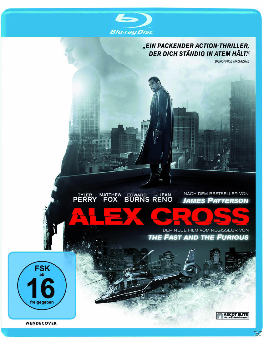 Alex Cross Blu-ray Cover. Zeigt einen Mann in einem schwarzen Mantel und einen Hubschrauber im Hintergrund.
