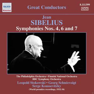 Albumcover: Große Dirigenten. Jean Sibelius Symphonien. Ein Mann im Anzug dirigiert mit erhobener rechter Hand.