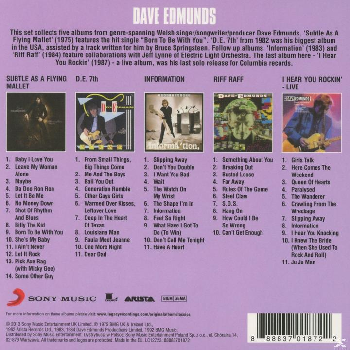 Albumcover für Dave Edmunds. Enthält verschiedene Albumcover und Titellisten. Sony Music-Logo ist sichtbar.