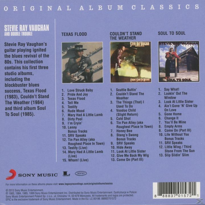 Albumcover von Stevie Ray Vaughans Songs. Das Album enthält drei Studioalben und Bonustracks.