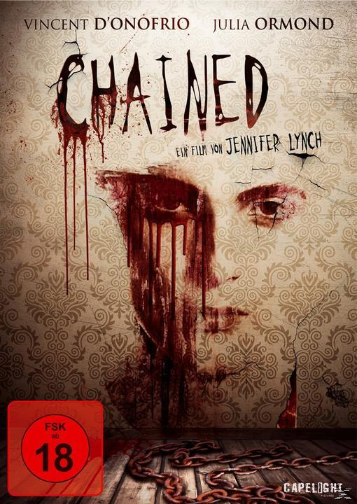 Chained DVD-Cover. Gesicht einer Person mit tropfendem Blut. Titel und Schauspielernamen.