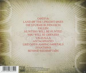 Rückseite des Albums mit Text. Godiva, Hunters Will Be Hunted, Valhalla, Like Gods Among Mortals.