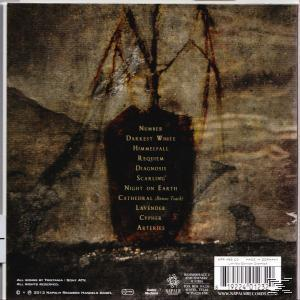 Ein CD-Cover mit dunklem, strukturiertem Hintergrund und vertikal aufgelisteten Songtiteln.
