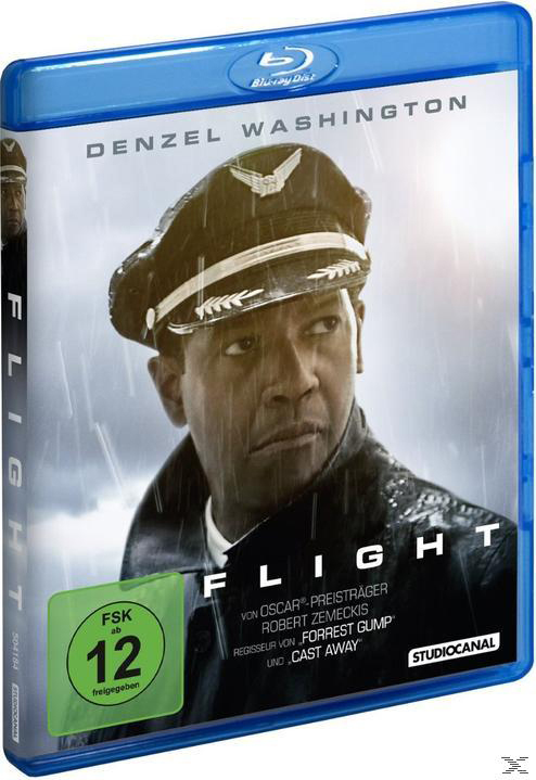 Blu-ray-Cover mit Denzel Washington. Titel: Flight. Grüner Aufkleber mit Altersfreigabe.