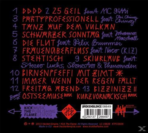 Albumcover mit handgeschriebenem Text, verschiedene Titel in Rot.